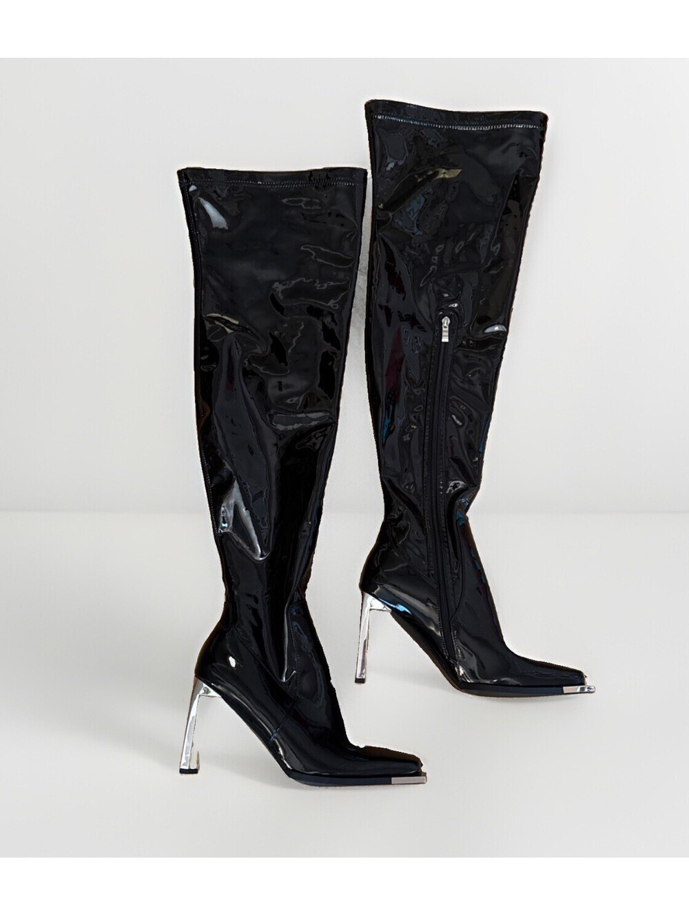 Black Faux Patent Over The Knee Silver-tone Geometric Sculptured Heels Boots 11